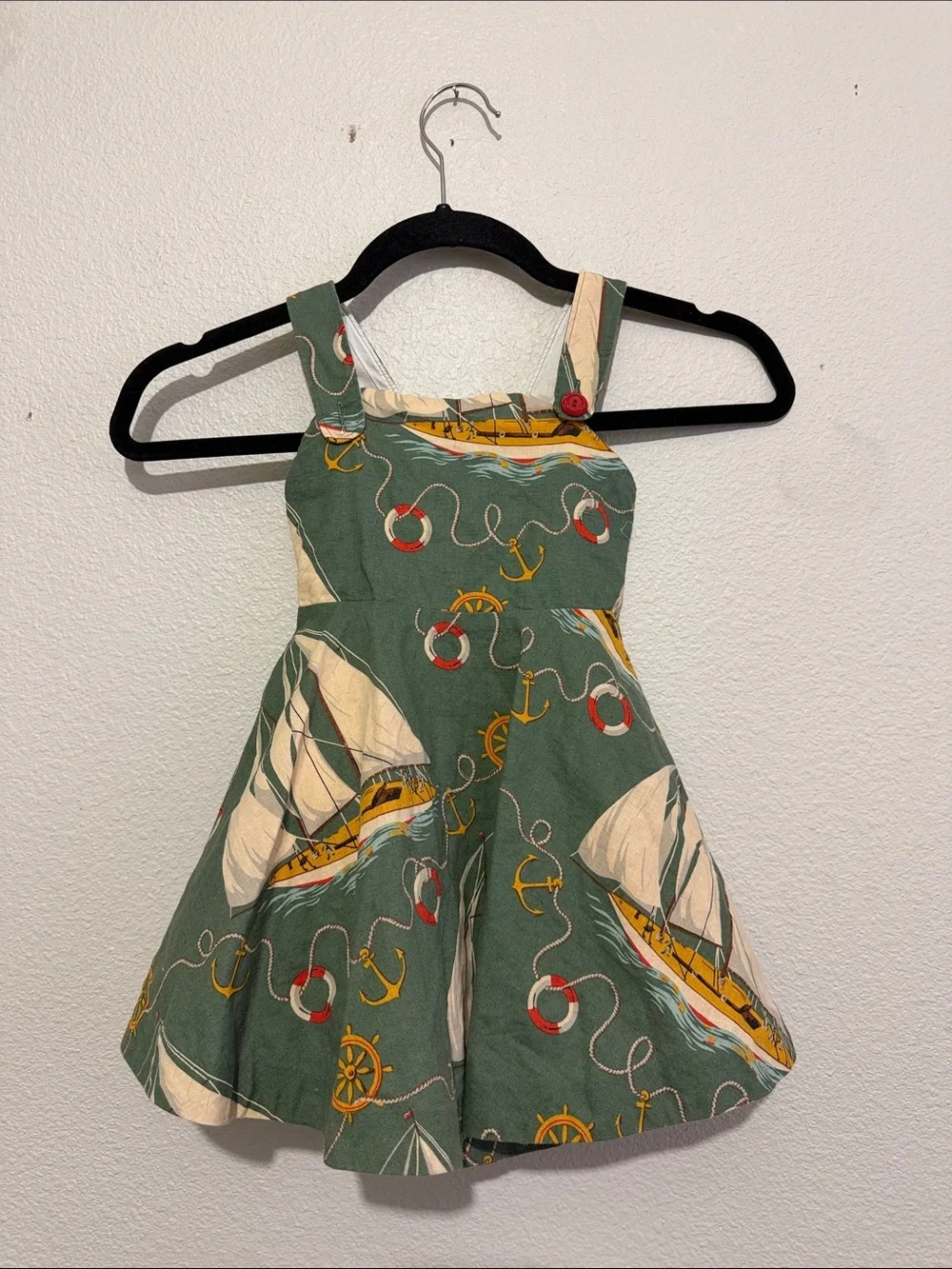 Ralph Lauren Green Nautical Sailboat Girls' Swirl Sundress Open Back Linen Blend